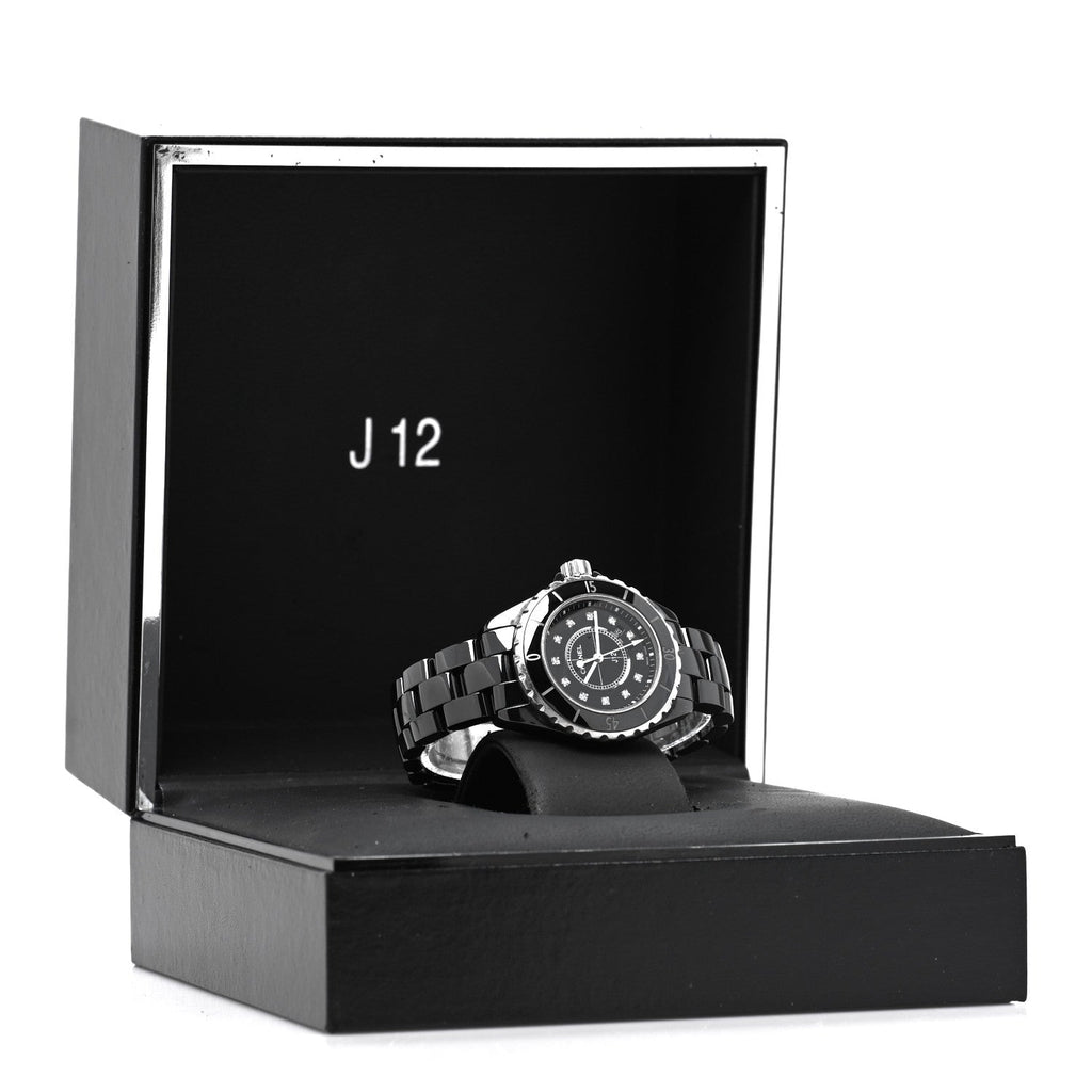 Chanel Stainless Steel Ceramic Diamond 33mm J12 Quartz Watch Black