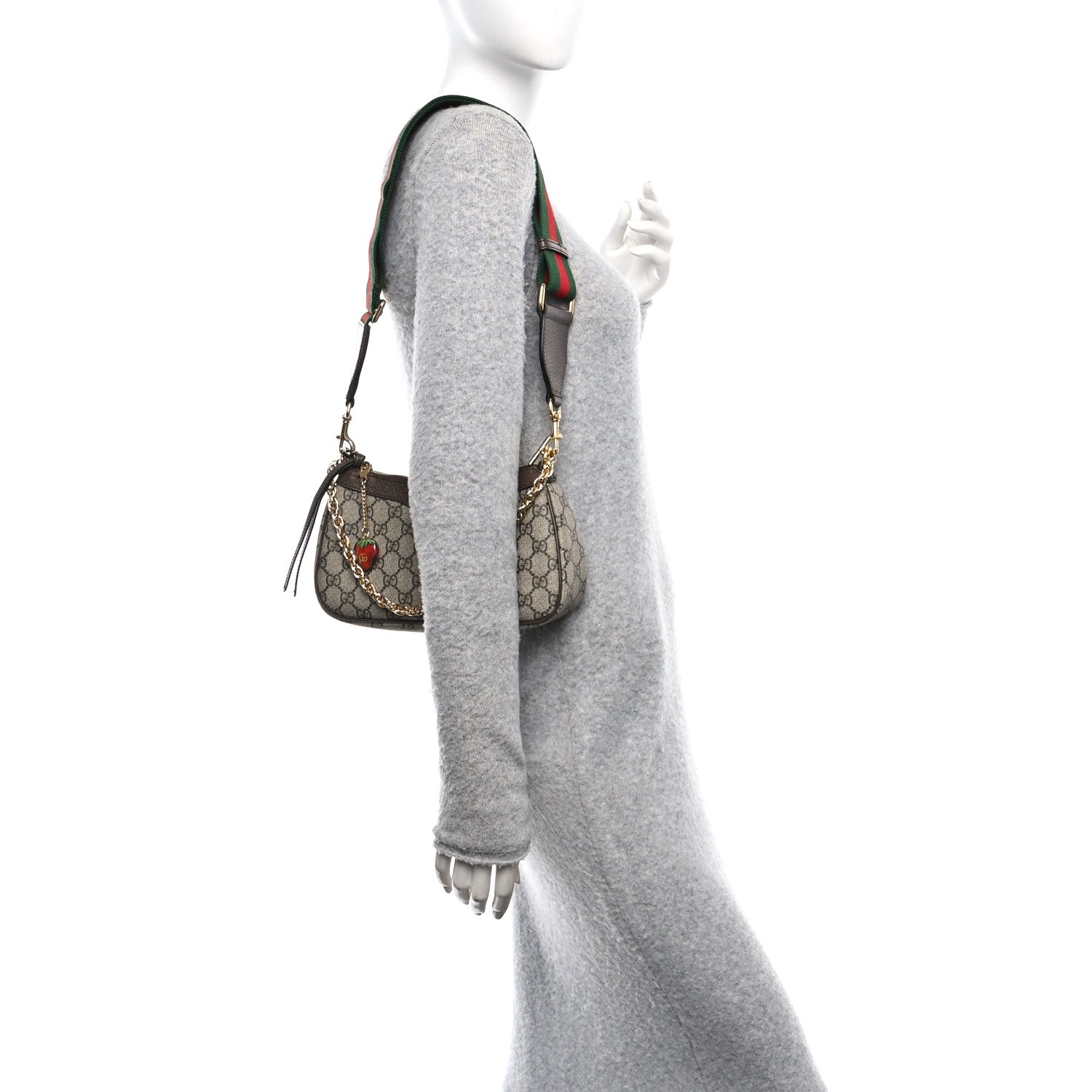 Gucci GG Supreme Monogram Textured Dollar Calfskin Web Small Ophidia GG Handbag Beige Ebony New Acero