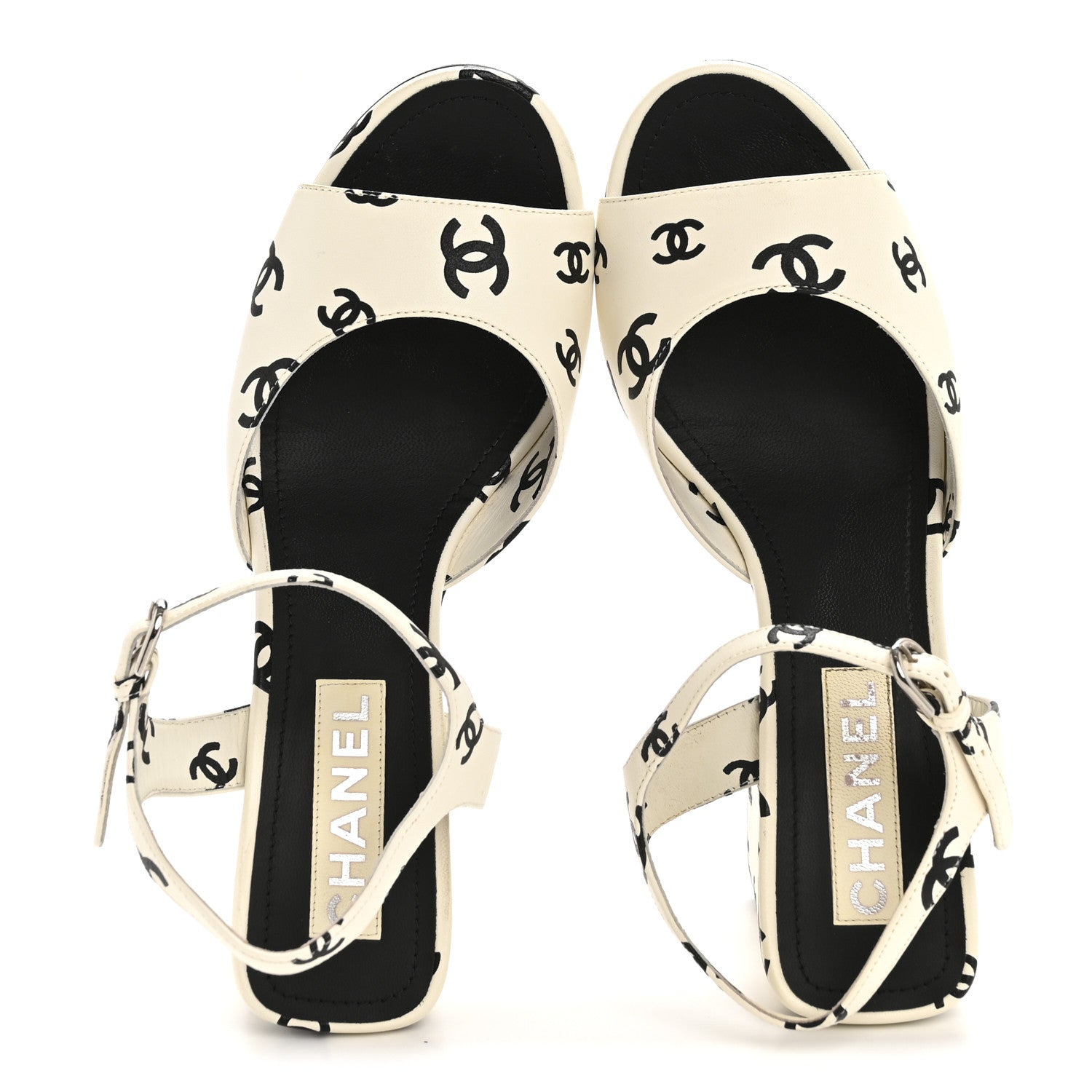 Printed Lambskin CC Sandals 41 White Black