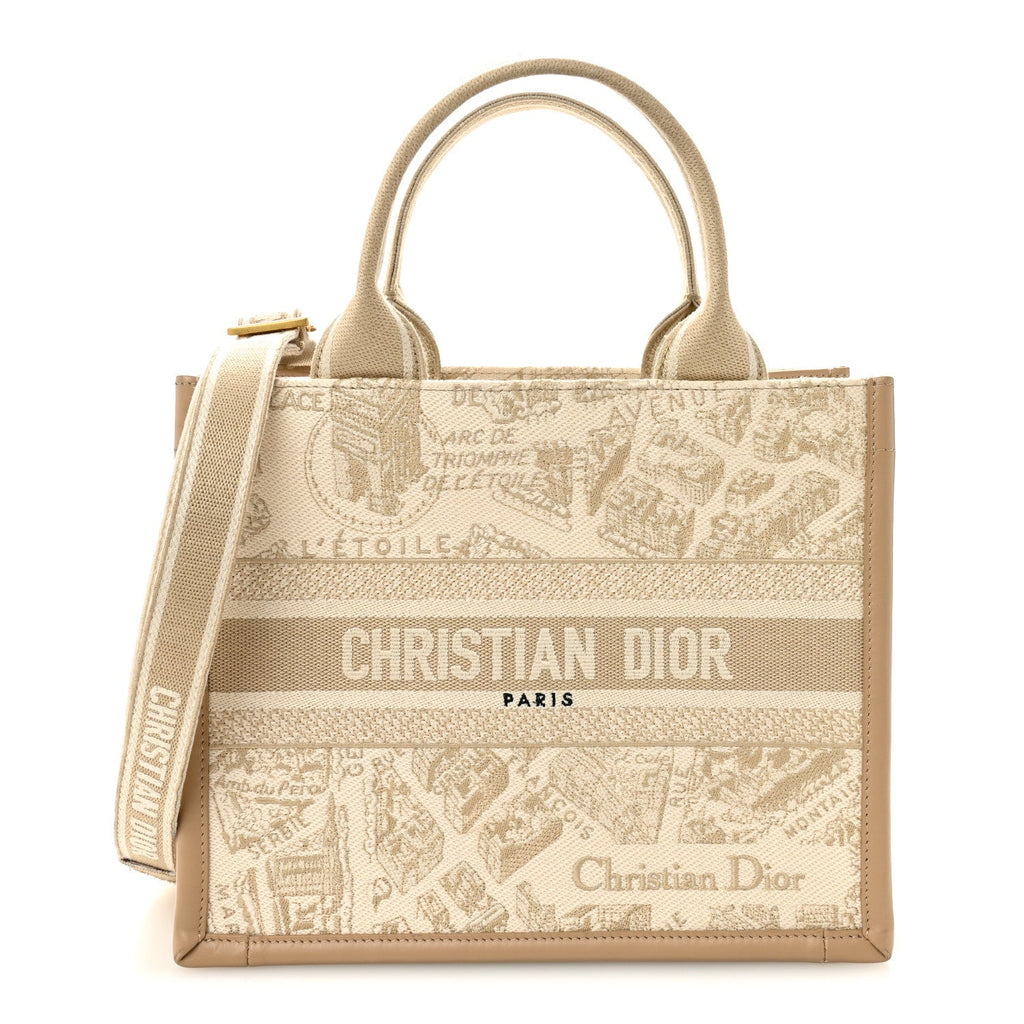 Christian Dior Canvas Calfskin Embroidered Small Plan De Paris Book Tote With Strap Beige