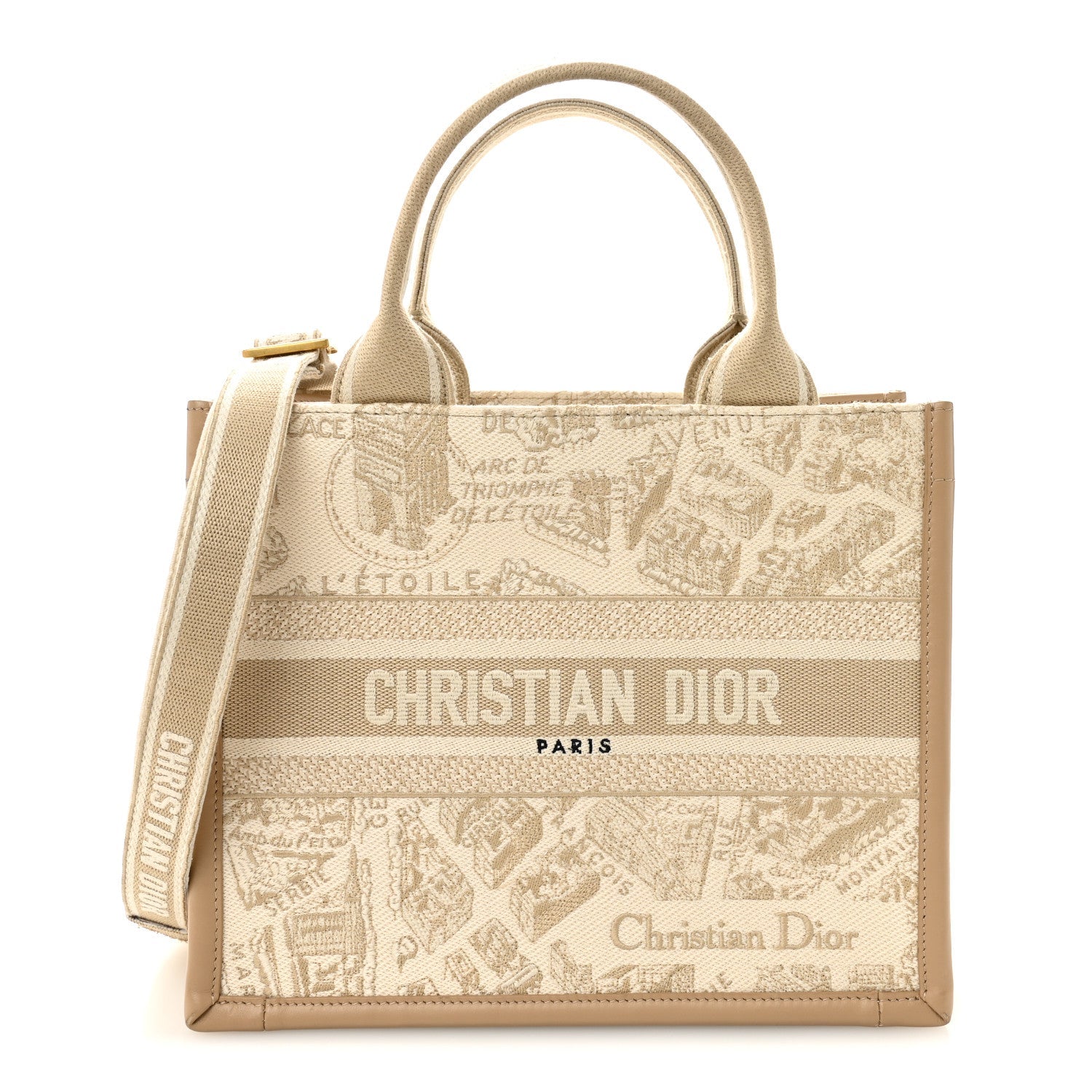 Christian Dior Canvas Calfskin Embroidered Small Plan De Paris Book Tote With Strap Beige