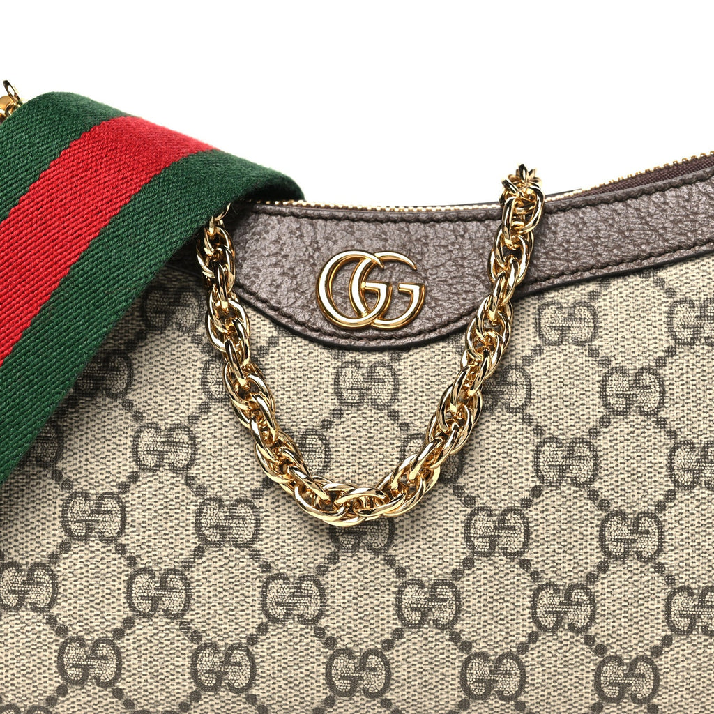 Gucci GG Supreme Monogram Textured Dollar Calfskin Web Small Ophidia GG Handbag Beige Ebony New Acero