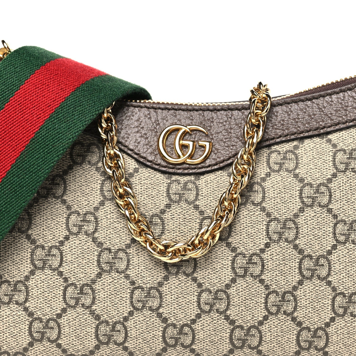 Gucci GG Supreme Monogram Textured Dollar Calfskin Web Small Ophidia GG Handbag Beige Ebony New Acero