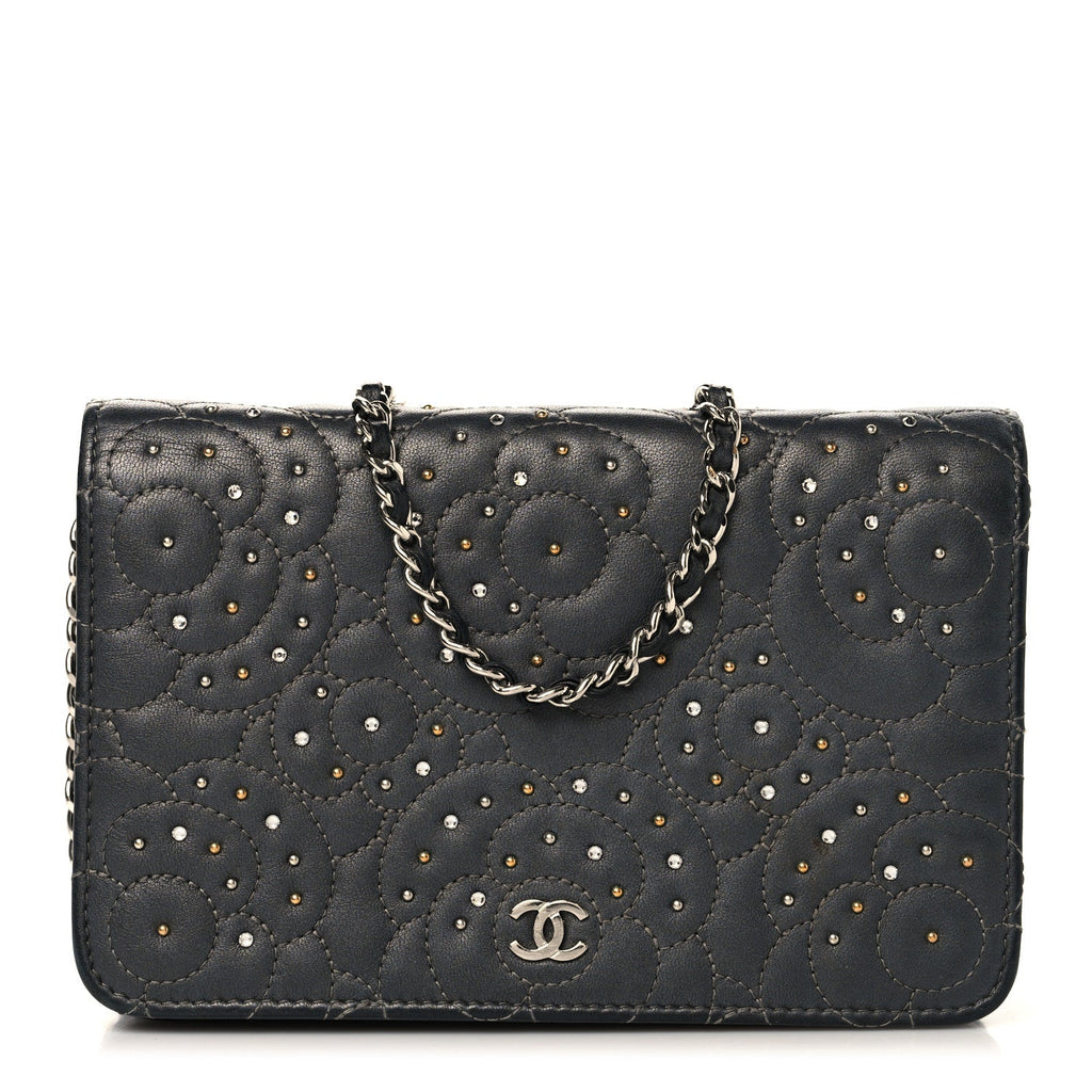 Chanel Lambskin Camellia Studded Wallet on Chain WOC Grey