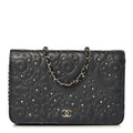 Chanel Lambskin Camellia Studded Wallet on Chain WOC Grey