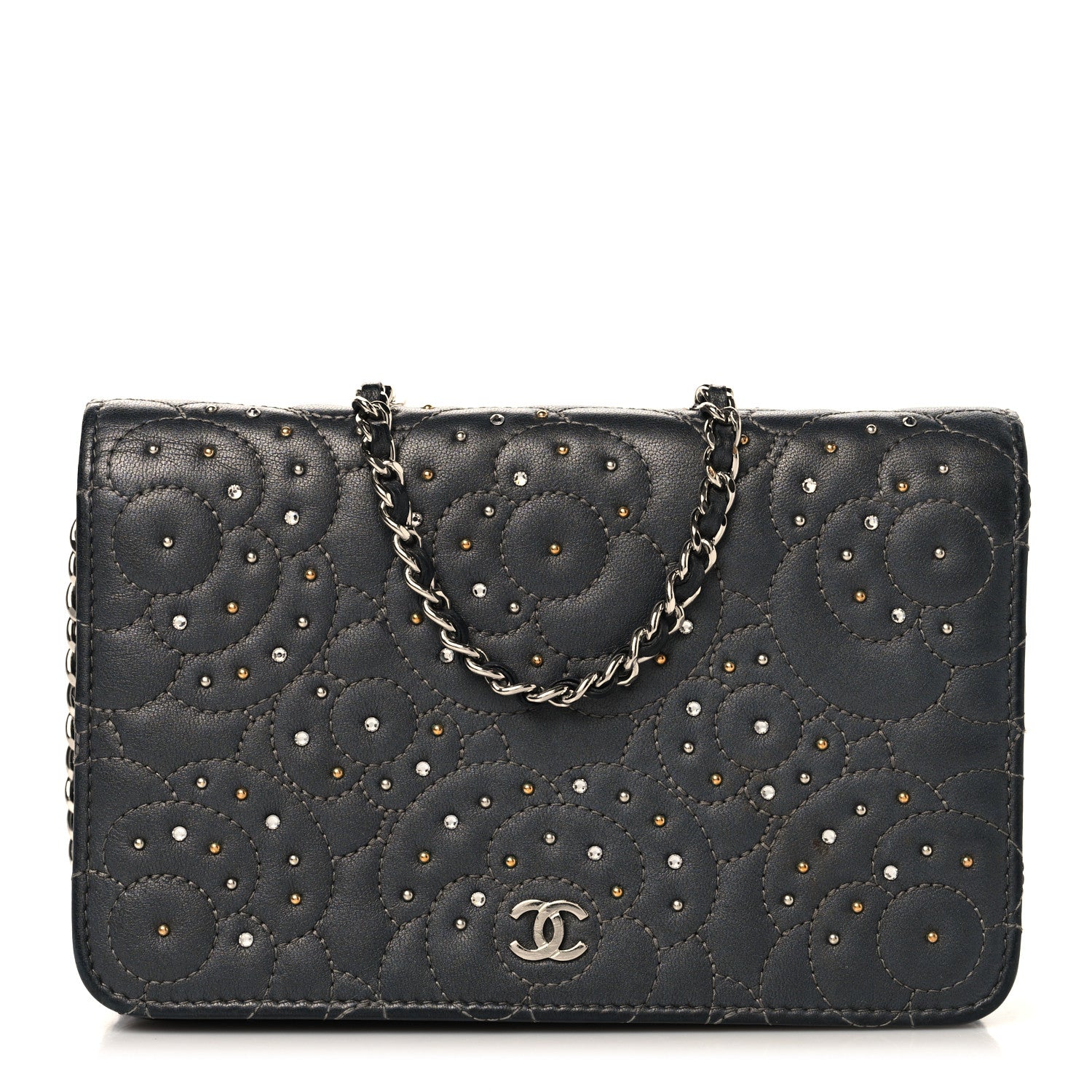 Chanel Lambskin Camellia Studded Wallet on Chain WOC Grey