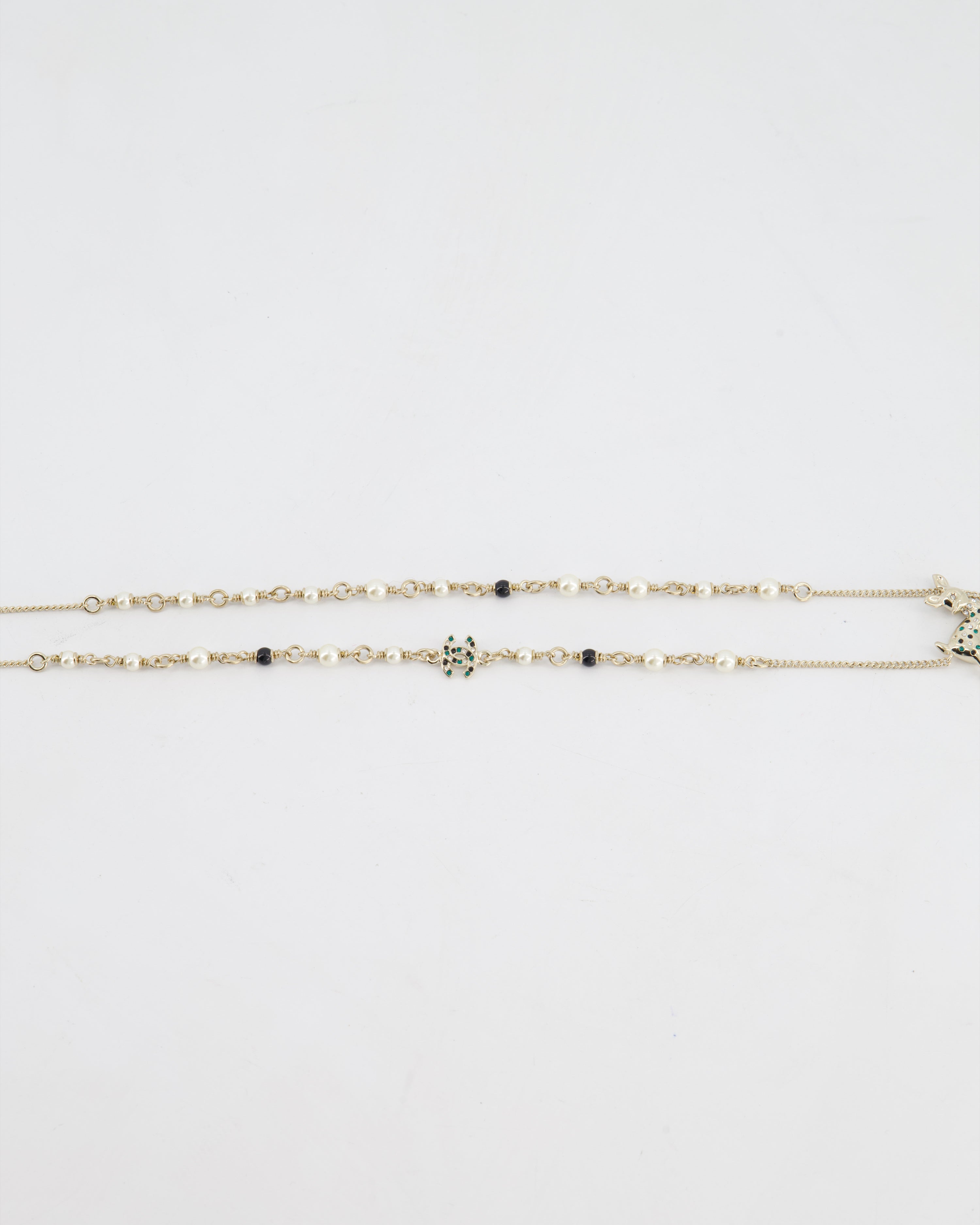 Chanel Champagne Gold CC Pearl Necklace with Bambi Pendant