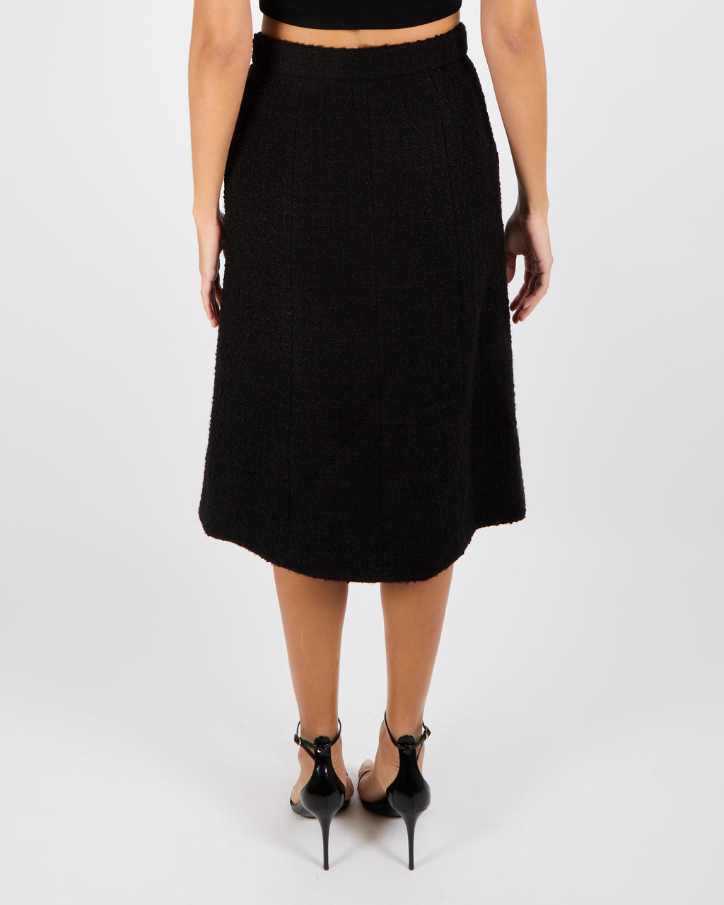 Chanel 20K Black Tweed Midi Skirt with Polished Gold CC Logo Buttons and Scalloped Trim Detail Size FR 36 (UK 8)