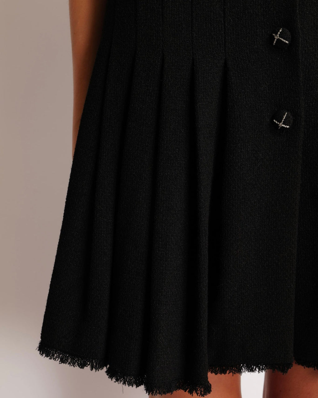 Chanel 07/AW Black Wool Belted Short-Sleeved Mini Dress with Black and Silver CC Logo Buttons and Frayed Trims Detail Size FR 34 (UK 6)