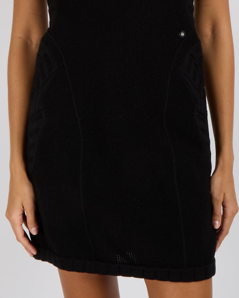 Chanel Black Wool Knit Mini Sleeveless Dress with CC Logo Side Details Size FR 36 (UK 8)