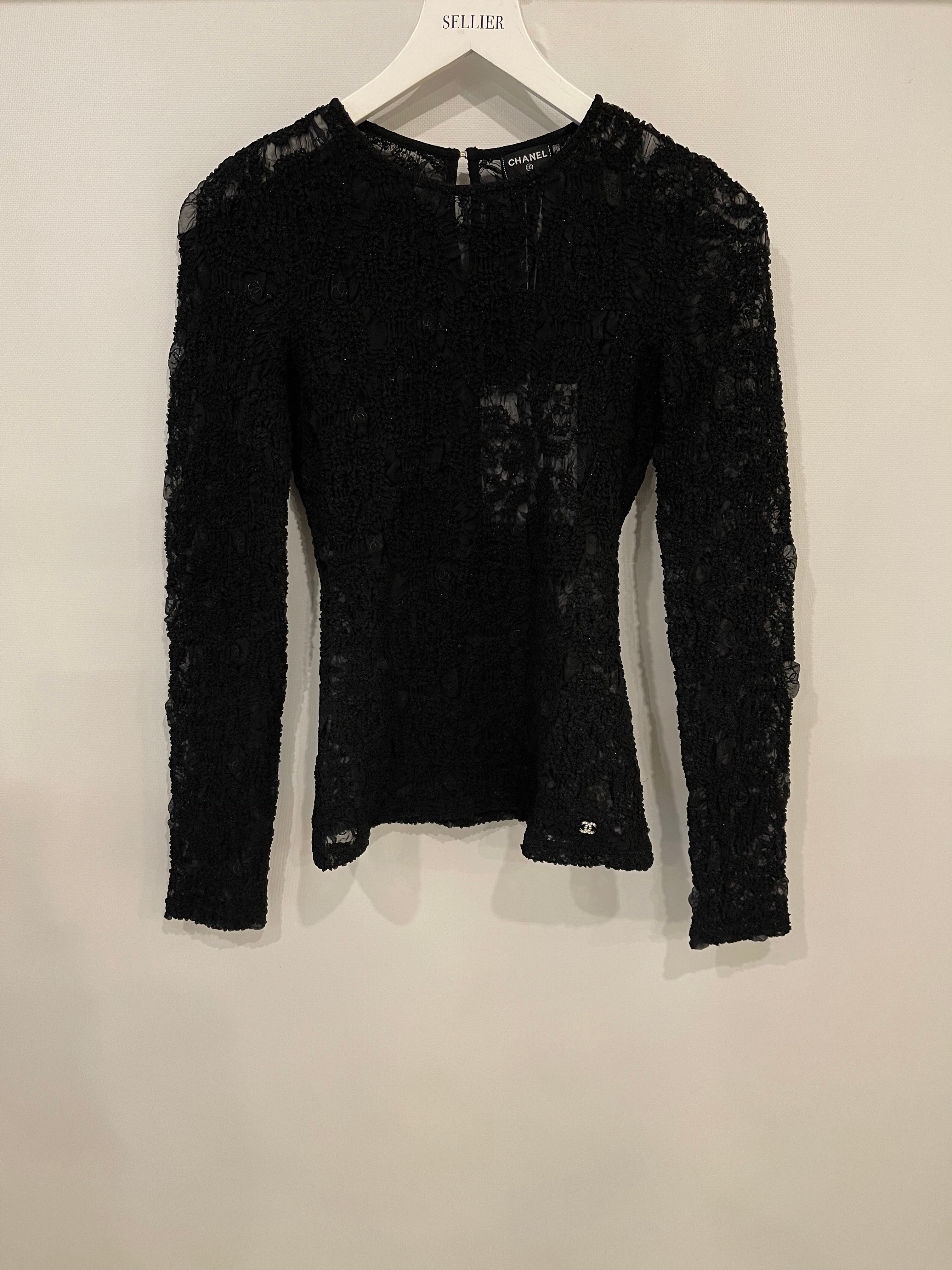 Chanel Black Lace Tulle Top and Cyclist Shorts Set with Camellia Details and Crystal CC Logos Size FR 34 (UK 6)