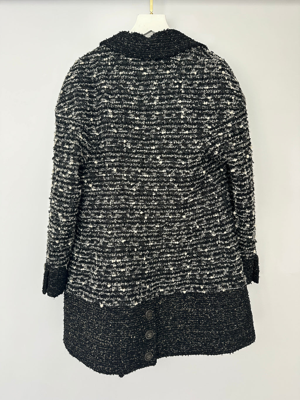 Chanel Black, Grey & White Tweed Double Breasted Jacket with Black CC Logo Buttons Size FR 36 (UK 8)
