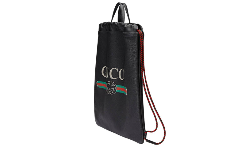 GUCCI Print Retro Logo Printing Leather Drawstring Schoolbag Backpack Unisex Black 494053-0GCBT-8163