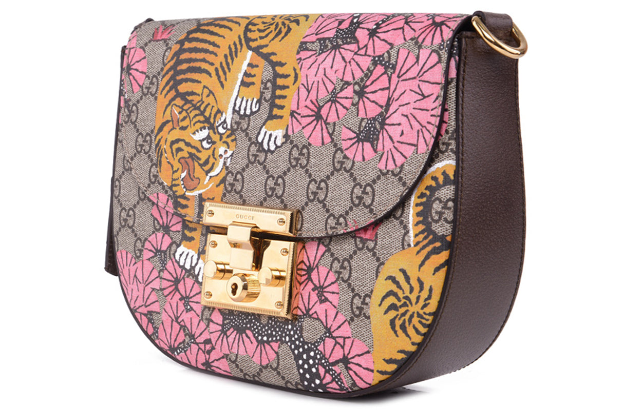 (WMNS) GUCCI Padlock Metallic TIGER Printing Logo Stripe Webbing Canvas Saddle Bag Shoulder Messenger Bag Ebony / Multicolor 453189-K5P5G-9968
