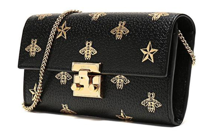 (WMNS) GUCCI Padlock Metallic Bee Star Printing Leather Chain Wallet Shoulder Bag Armpit Black Handbag 453506-DJ2KG-8474