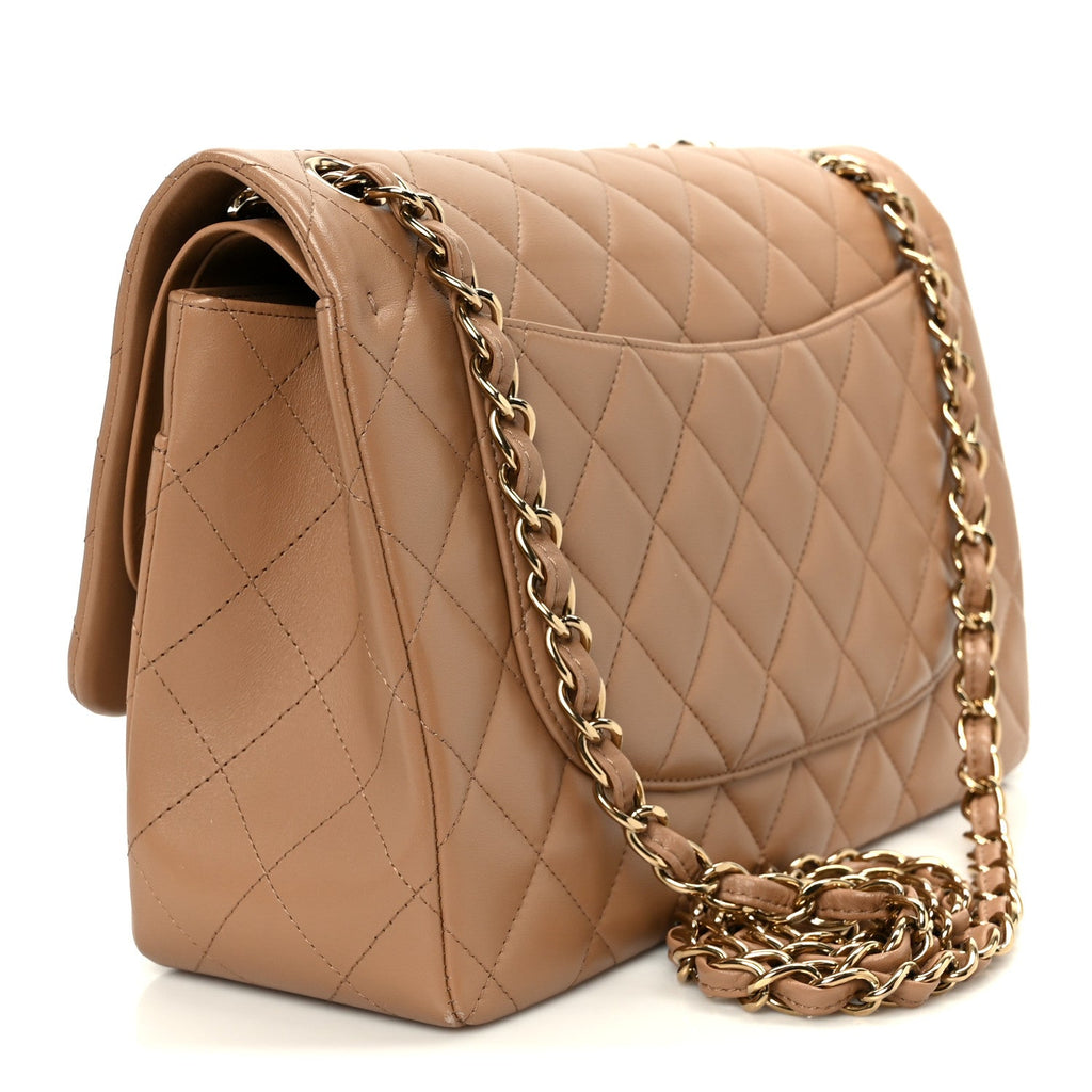 Chanel Lambskin Quilted Jumbo Double Flap Dark Beige