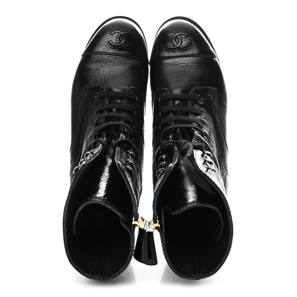 Chanel Shiny Crumpled Lambskin Lace Up Combat Boots 39 Black