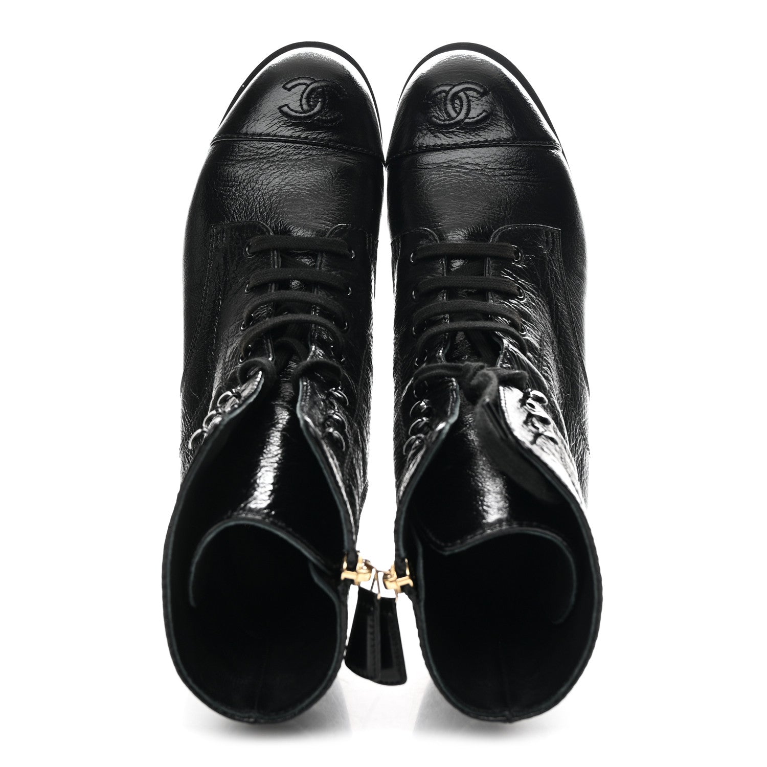 Chanel Shiny Crumpled Lambskin Lace Up Combat Boots 39 Black