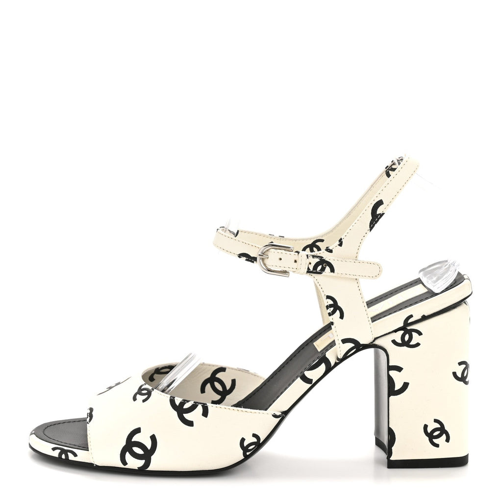 Printed Lambskin CC Sandals 41 White Black