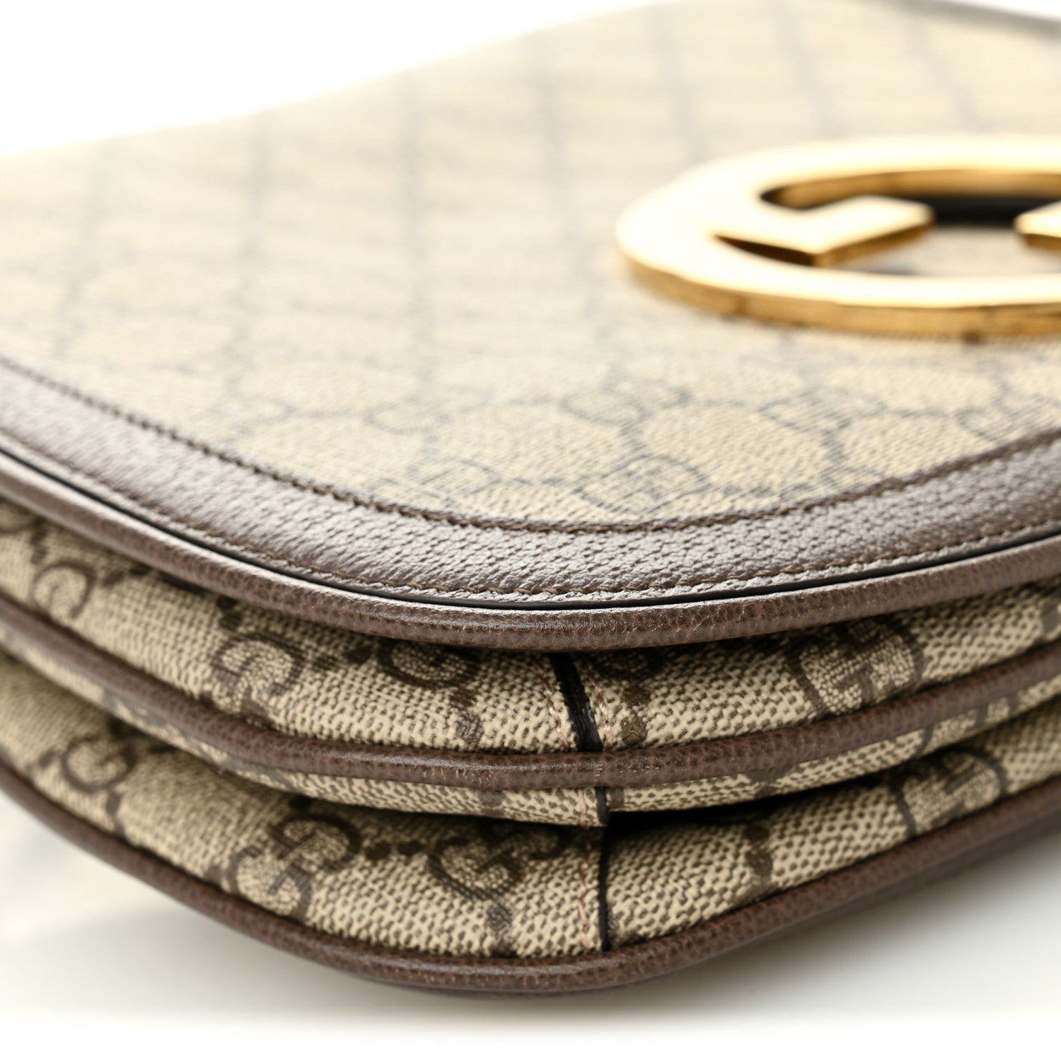 Gucci GG Supreme Monogram Textured Dollar Calfskin Web Medium Blondie Top Handle Shoulder Flap Bag Beige Ebony New Acero