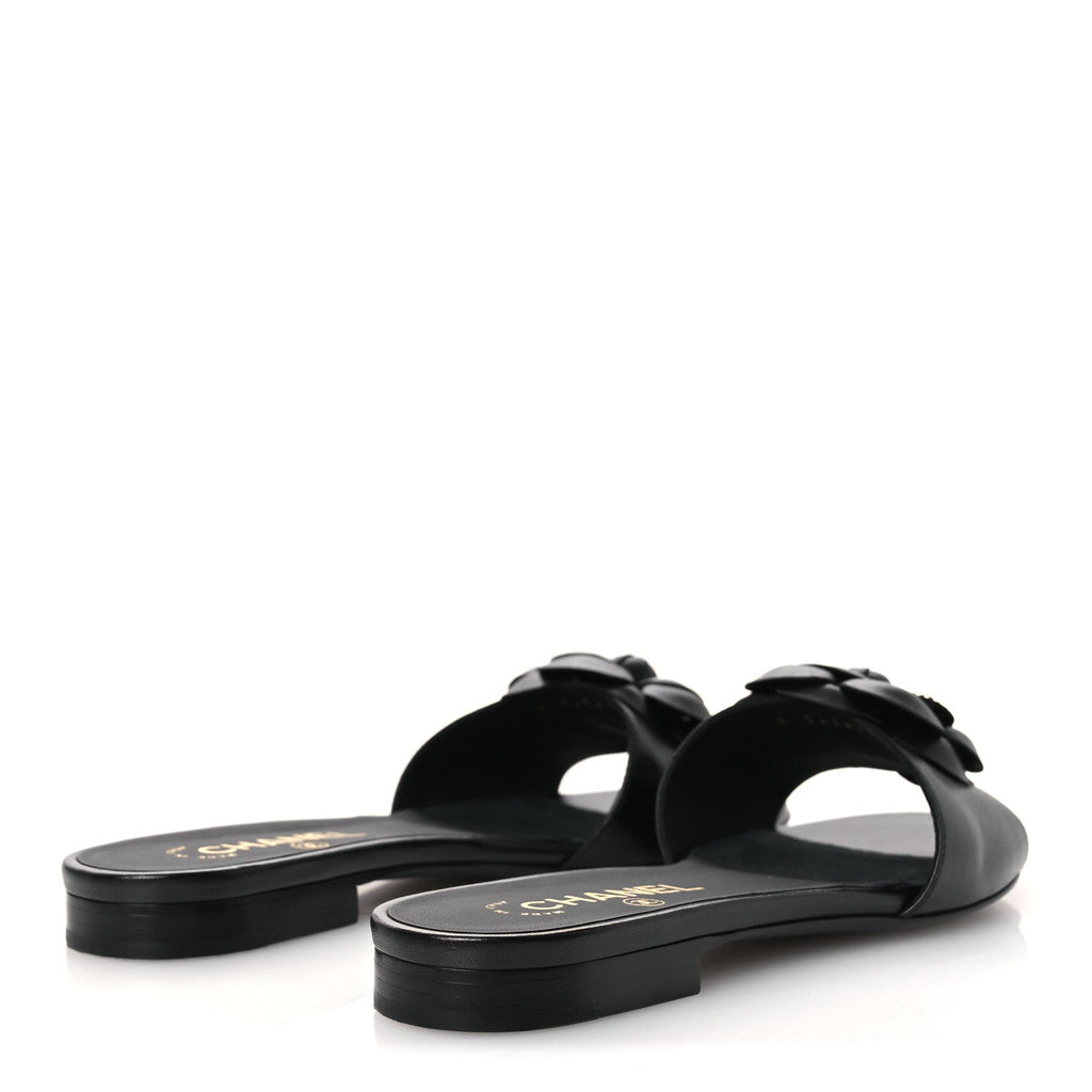 Lambskin Camellia Sandal Mules 37.5 Black