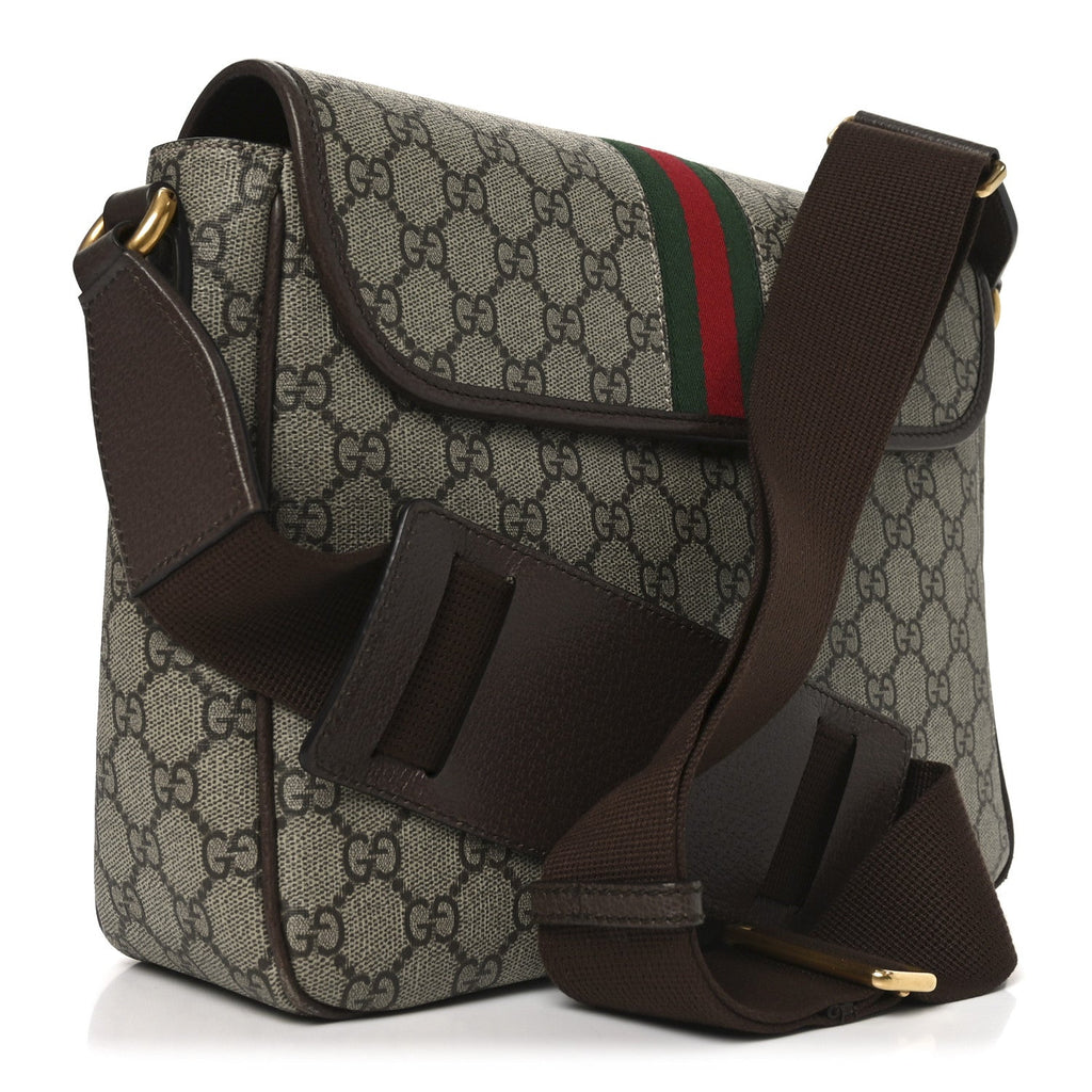 Gucci Tender GG Supreme Monogram Textured Dollar Calfskin Ophidia Messenger Bag Beige Ebony Dark Brown