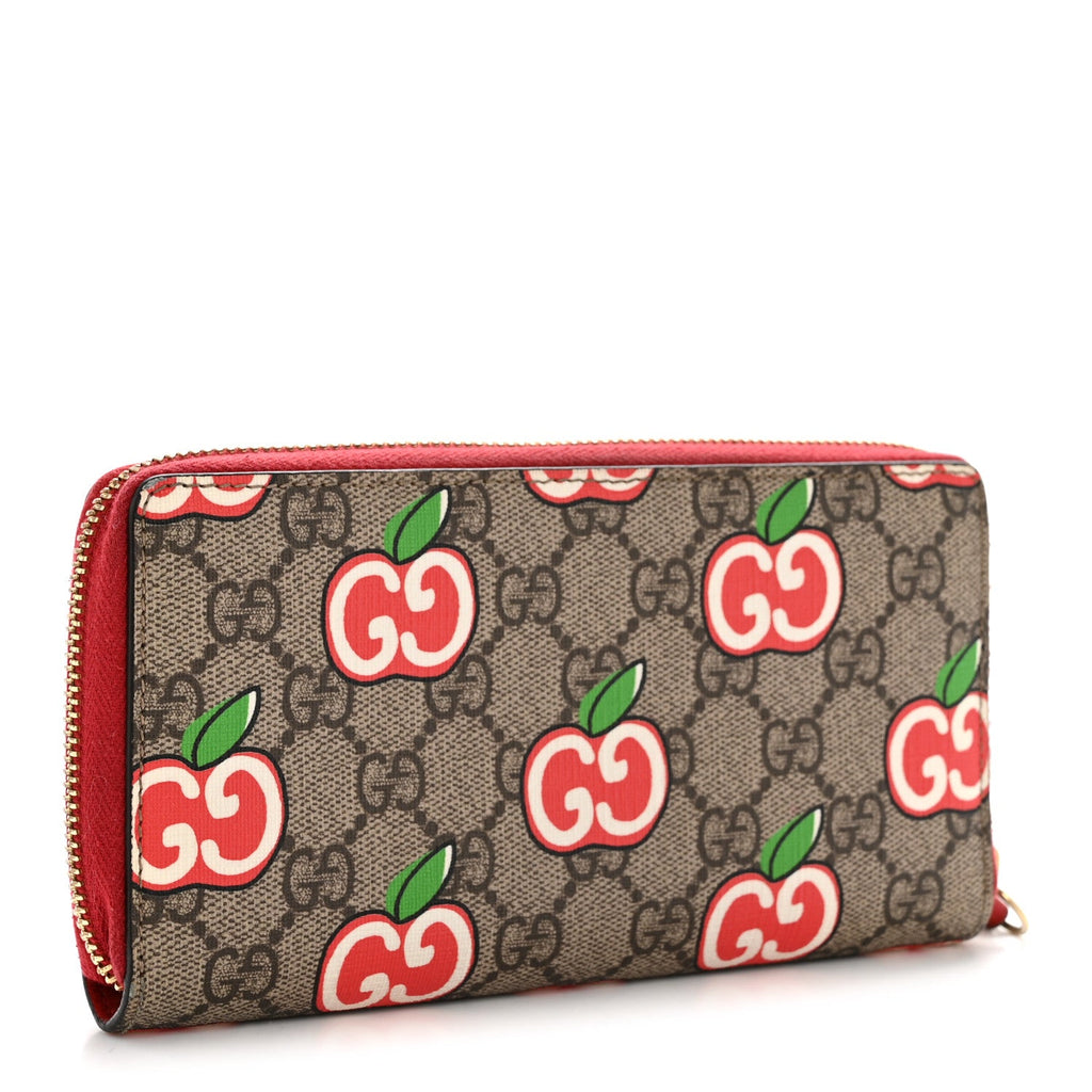 Gucci GG Supreme Monogram Apple Zip Around Wallet Beige Multicolor Lobster Red