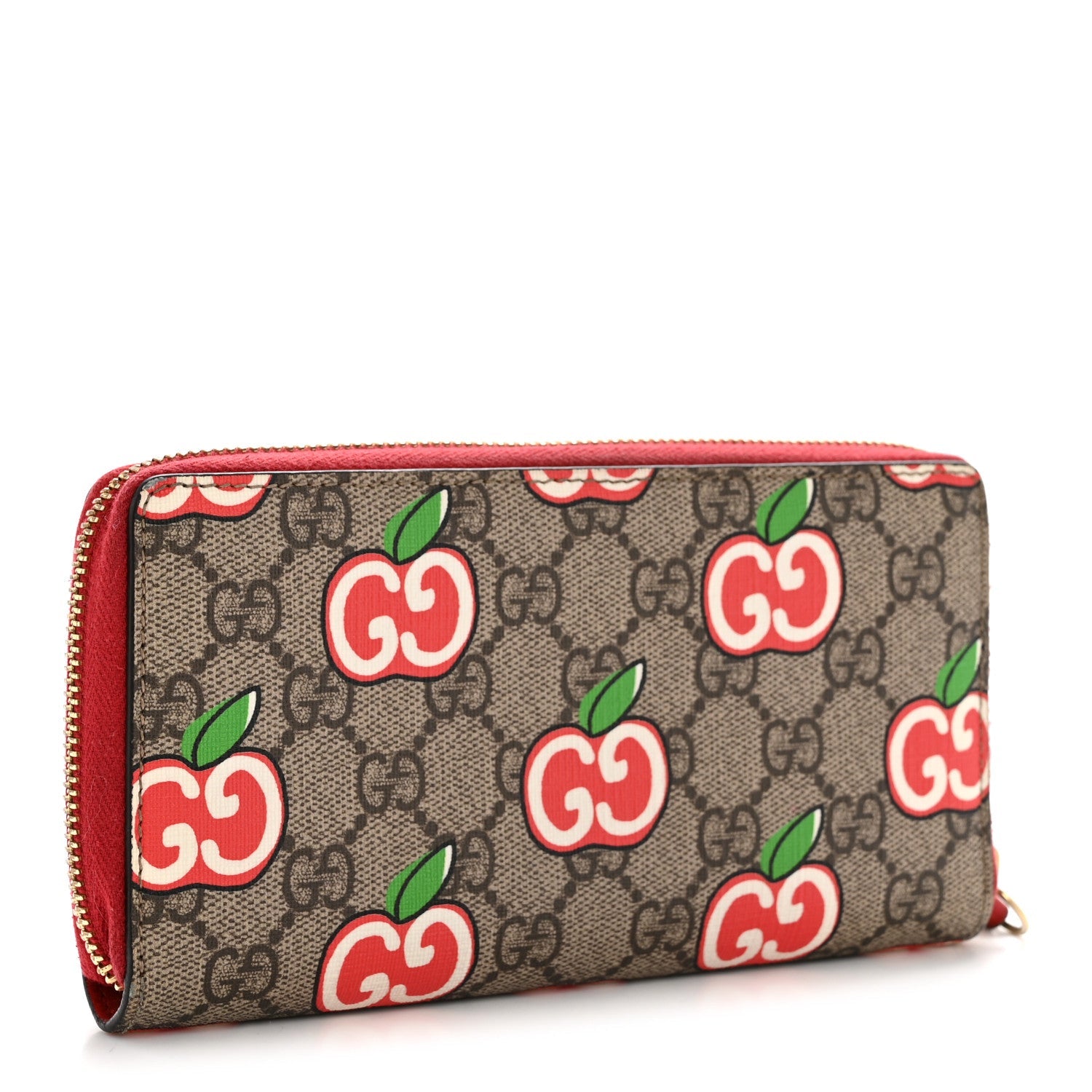 Gucci GG Supreme Monogram Apple Zip Around Wallet Beige Multicolor Lobster Red