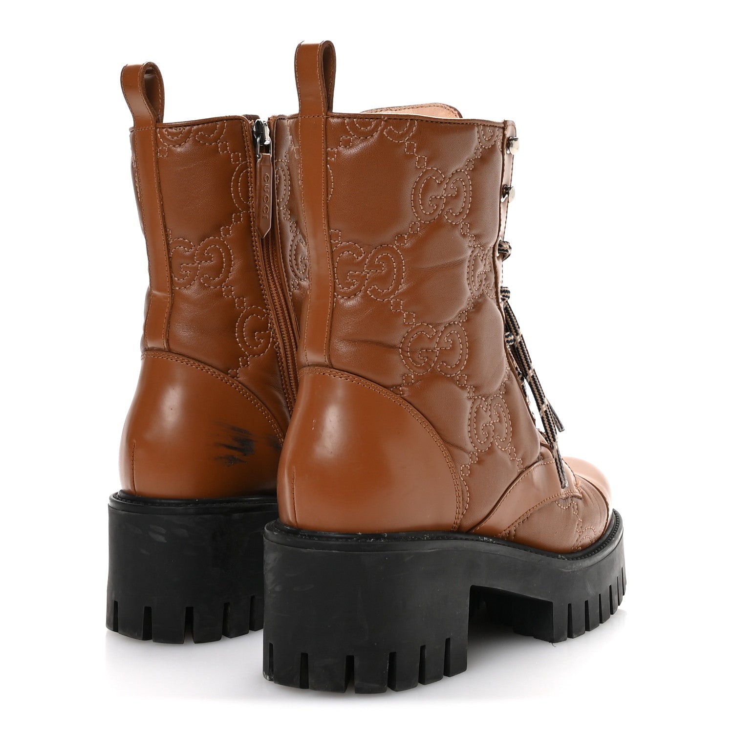 Gucci Cordovan Lux Nappa GG Matelasse Lace Up 60mm Combat Boots 36 Dark Hazel Brown