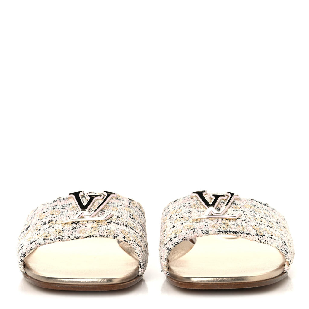Louis Vuitton Tweed Sequin LV Mare Flat Mule Sandals 39 Light Gold
