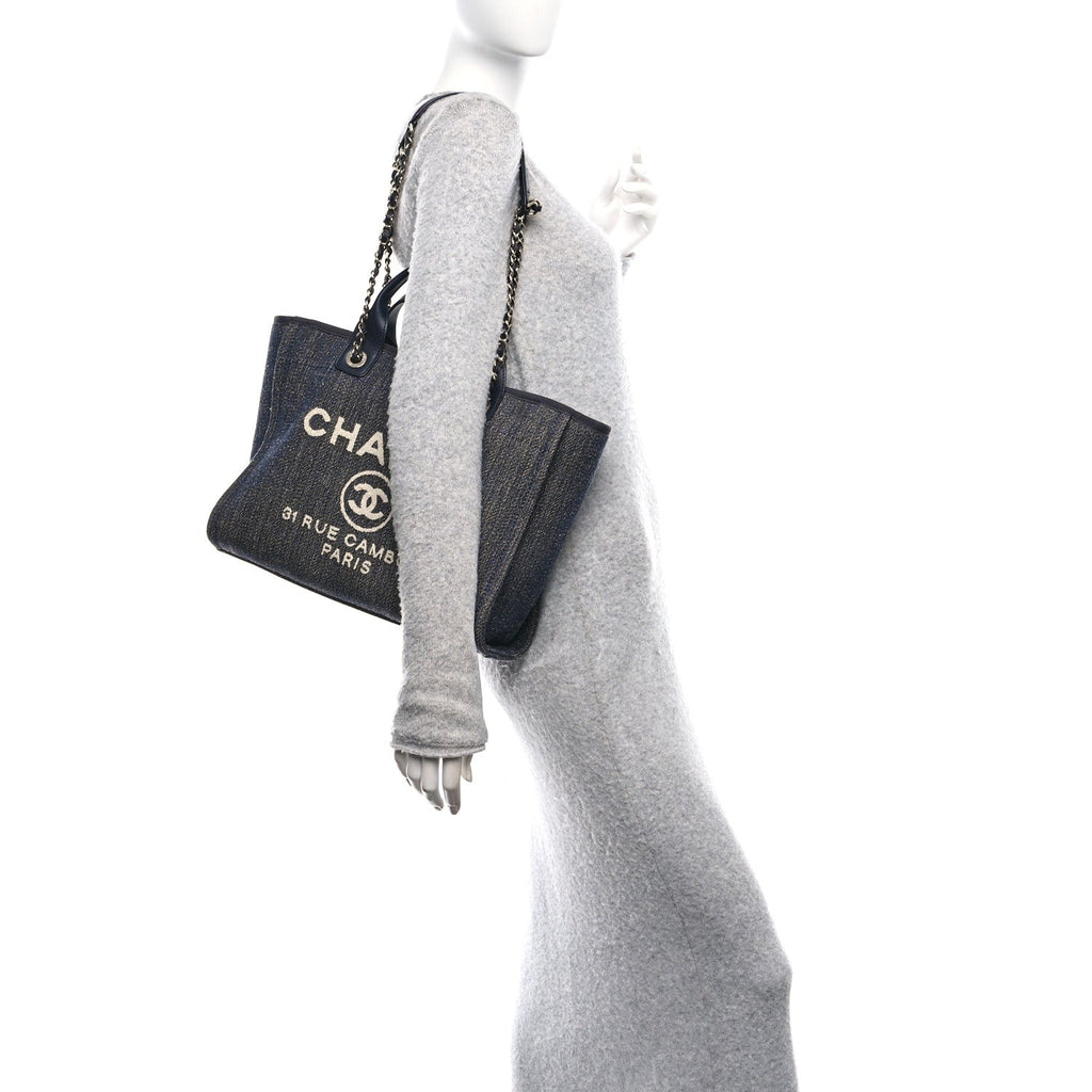 Chanel Denim Small Deauville Tote Dark Blue White