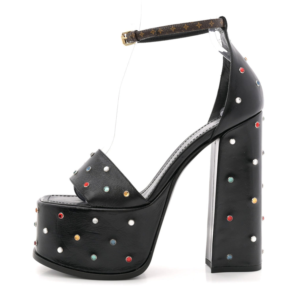 Louis Vuitton Calfskin Studded Fame Platform Sandals 37 Black