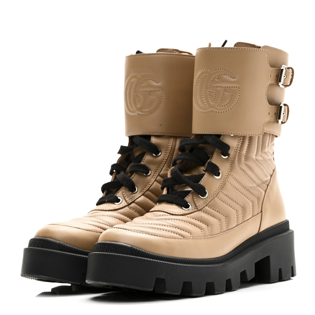 Gucci Nappa Frances GG Matelasse Platform Combat Boots 35 Natural Tan