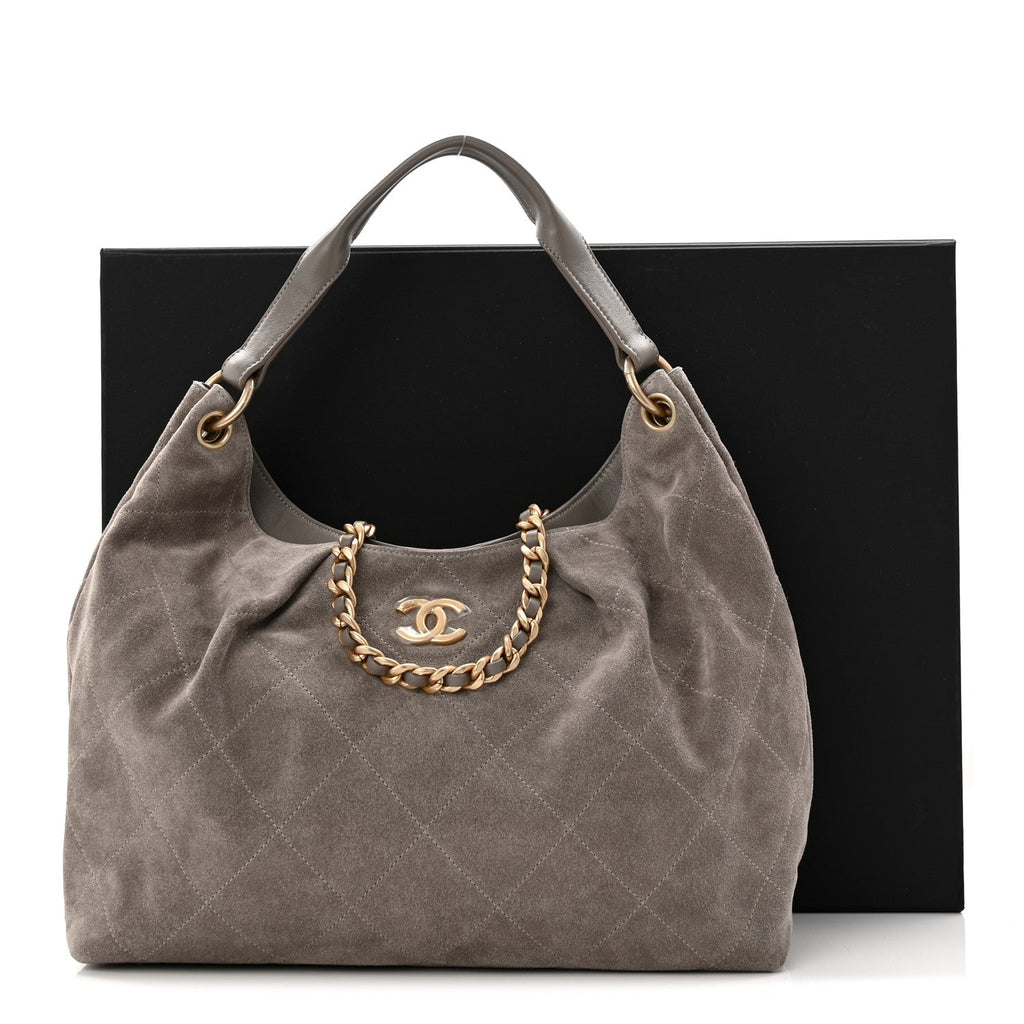 Chanel Suede Quilted Large Hobo Dark Grey