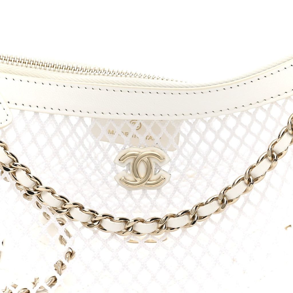 Chanel Mesh Shiny Lambskin Chain Hobo White