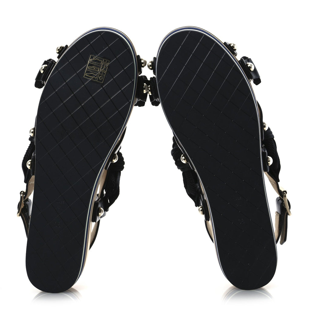 Calfskin Cord Pearl CC Sandals 38 Black