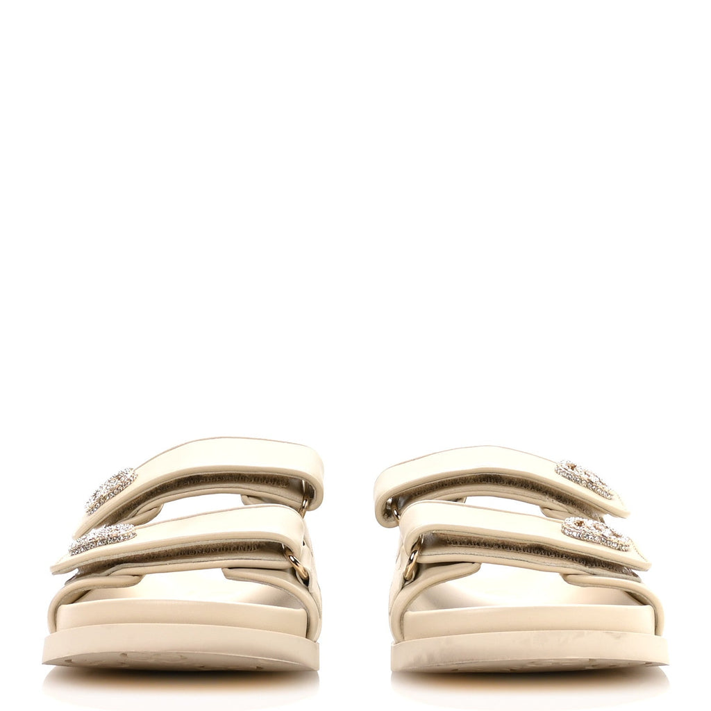 Gucci Calfskin Double G Crystal Womens Isla Dad Sandals 37 Ivory
