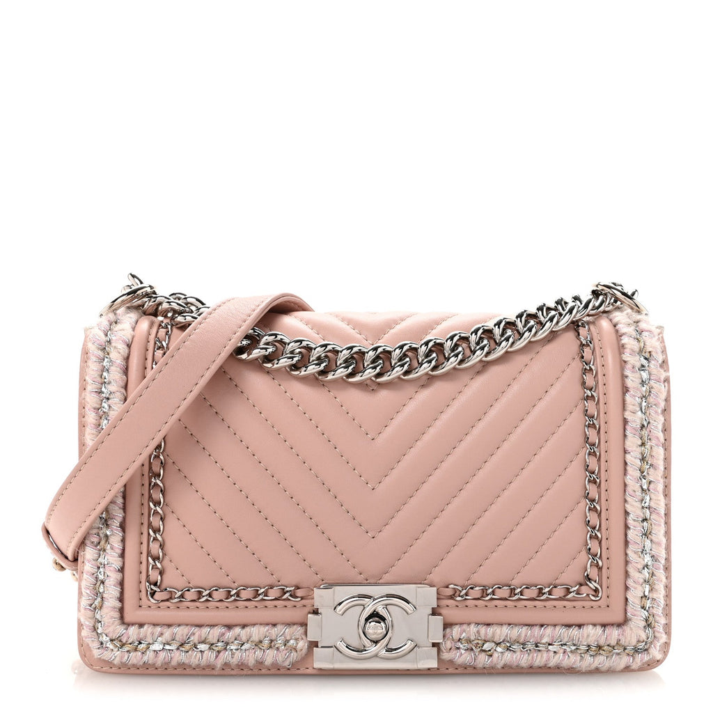 Chanel Calfskin Chevron Tweed Medium Boy Flap Pink