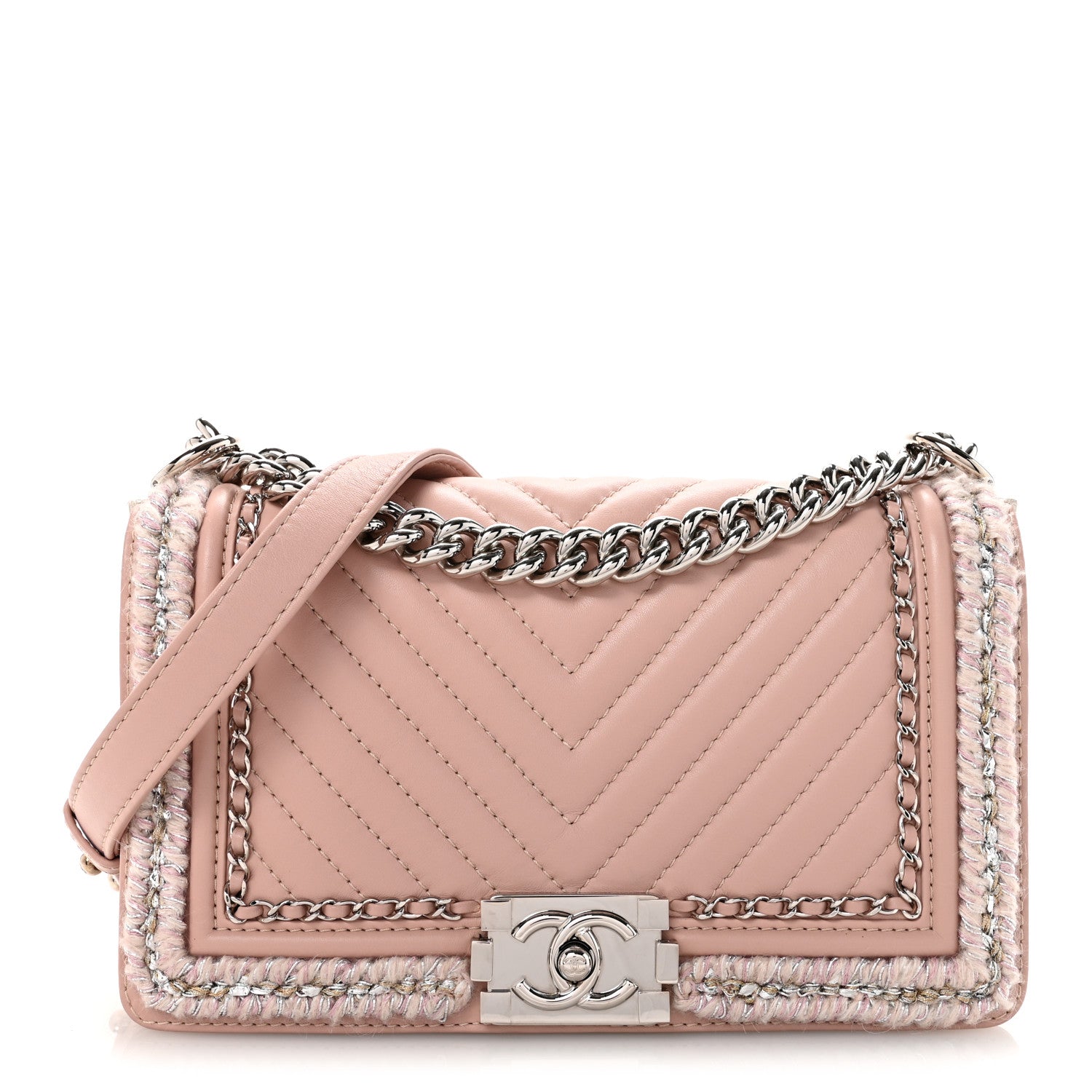 Chanel Calfskin Chevron Tweed Medium Boy Flap Pink