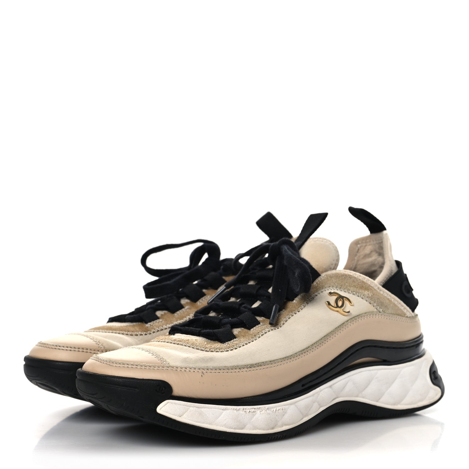 Chanel Velvet Calfskin Mixed Fibers CC Sneakers 37 Beige