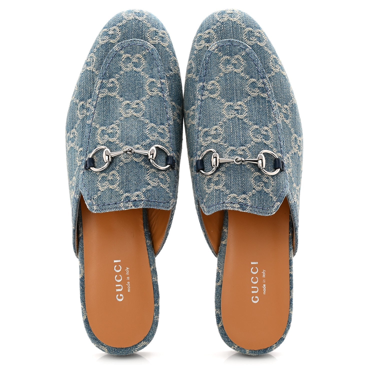 Gucci New Denim GG Malaga Kid Womens Princetown Slippers 37.5 Light Blue Royale