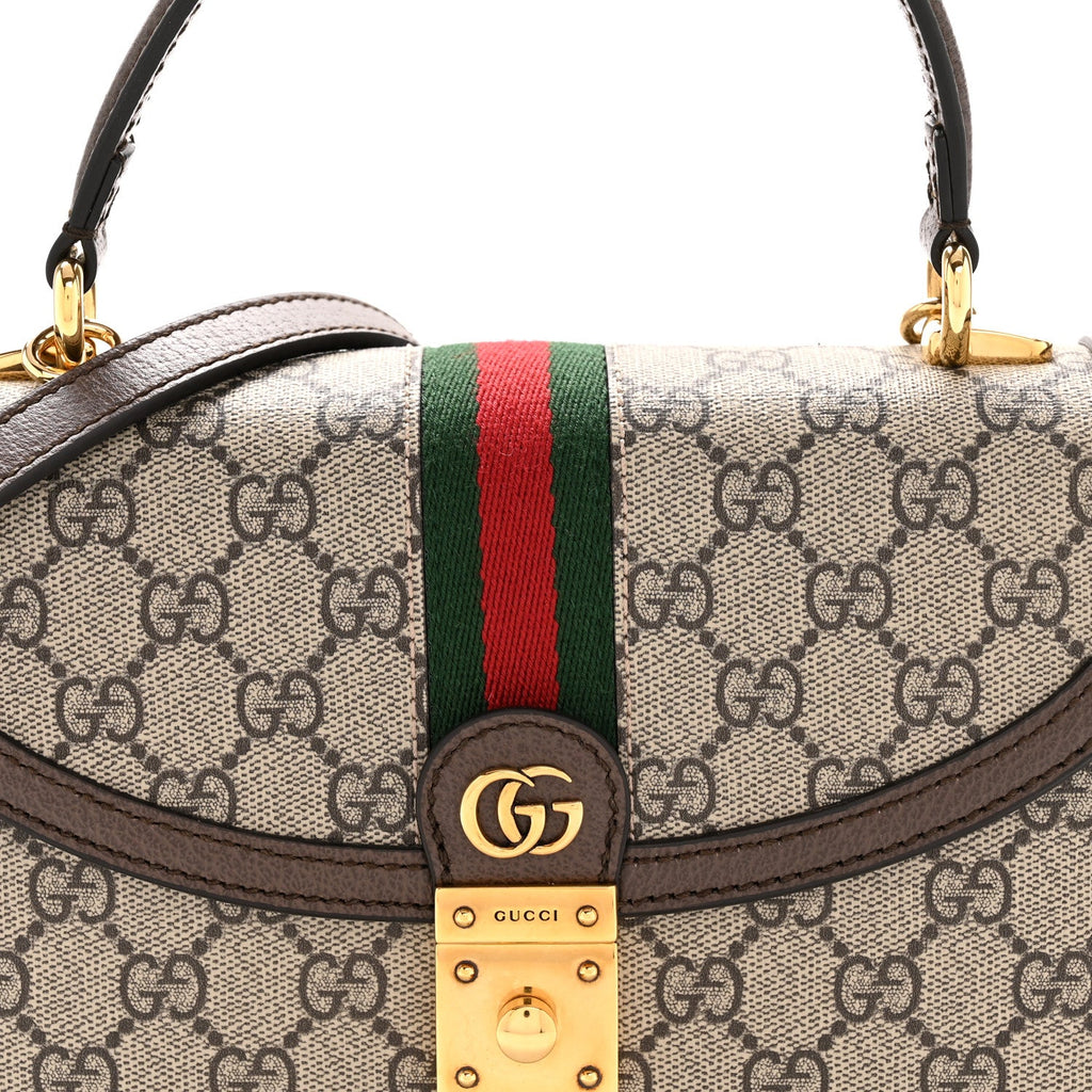 Gucci GG Supreme Monogram Textured Dollar Calfskin Web Small Ophidia Padlock Top Handle Bag Beige Ebony New Acero