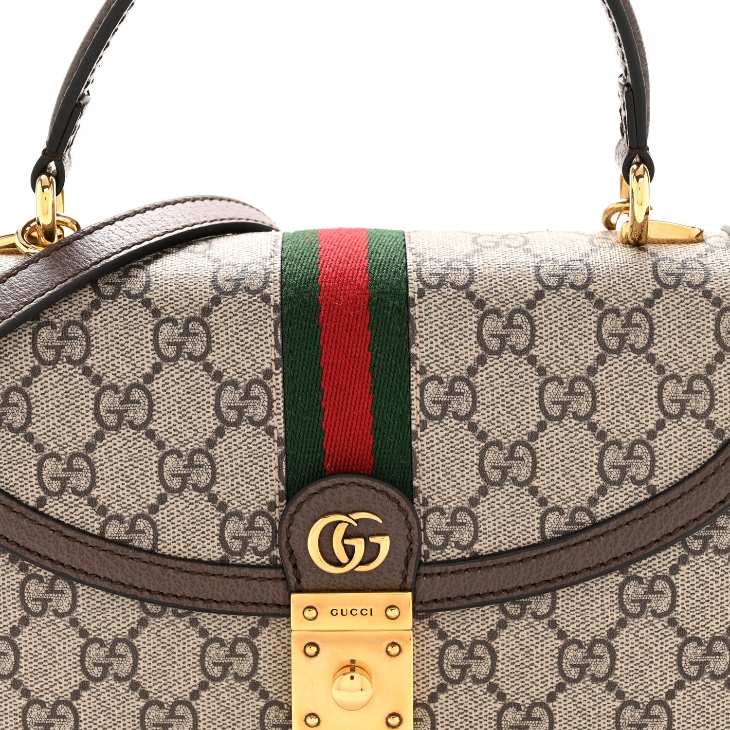 Gucci GG Supreme Monogram Textured Dollar Calfskin Web Small Ophidia Padlock Top Handle Bag Beige Ebony New Acero