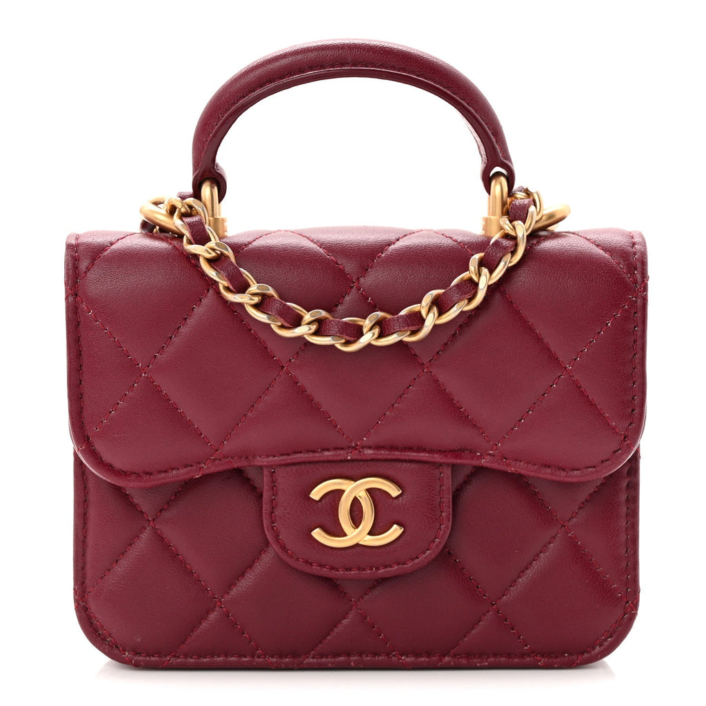 Chanel Lambskin Quilted Top Handle Flap Coin Purse With Chain Burgundy