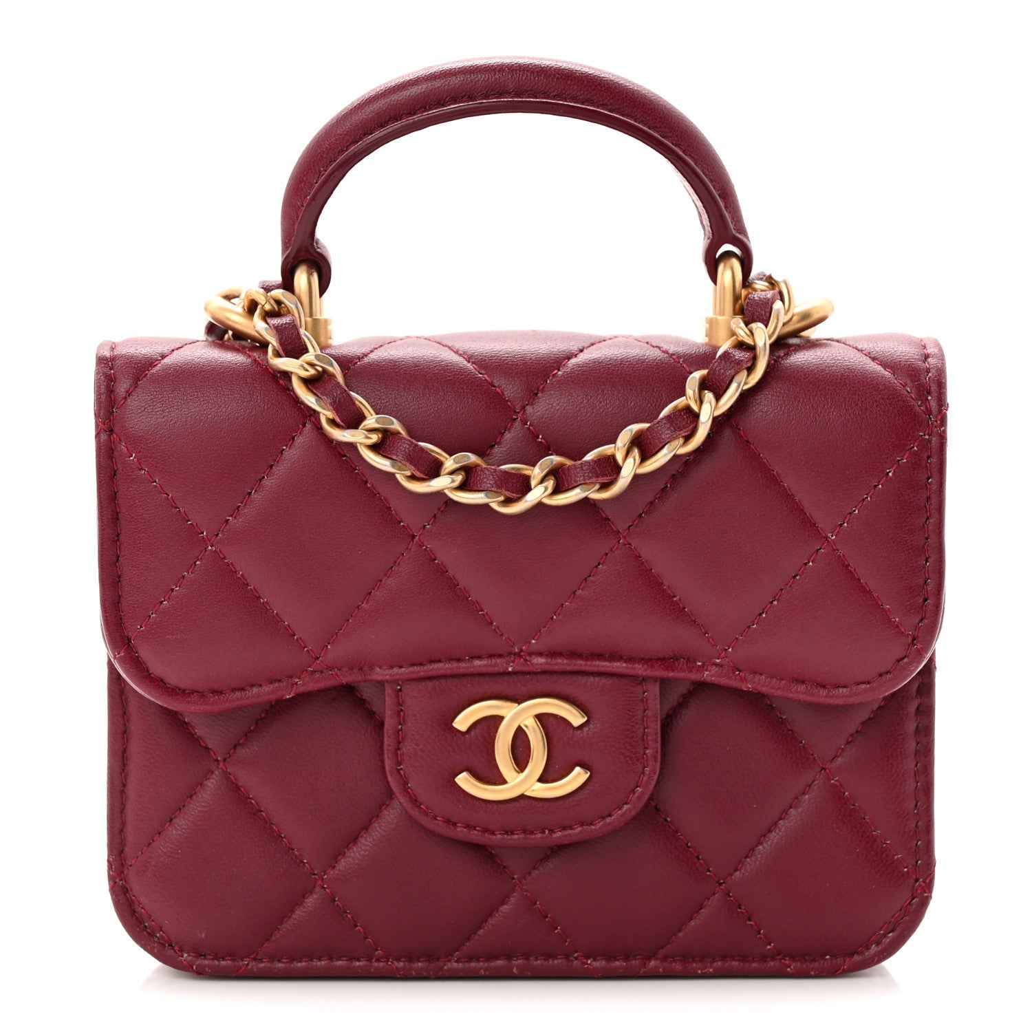 Chanel Lambskin Quilted Top Handle Flap Coin Purse With Chain Burgundy