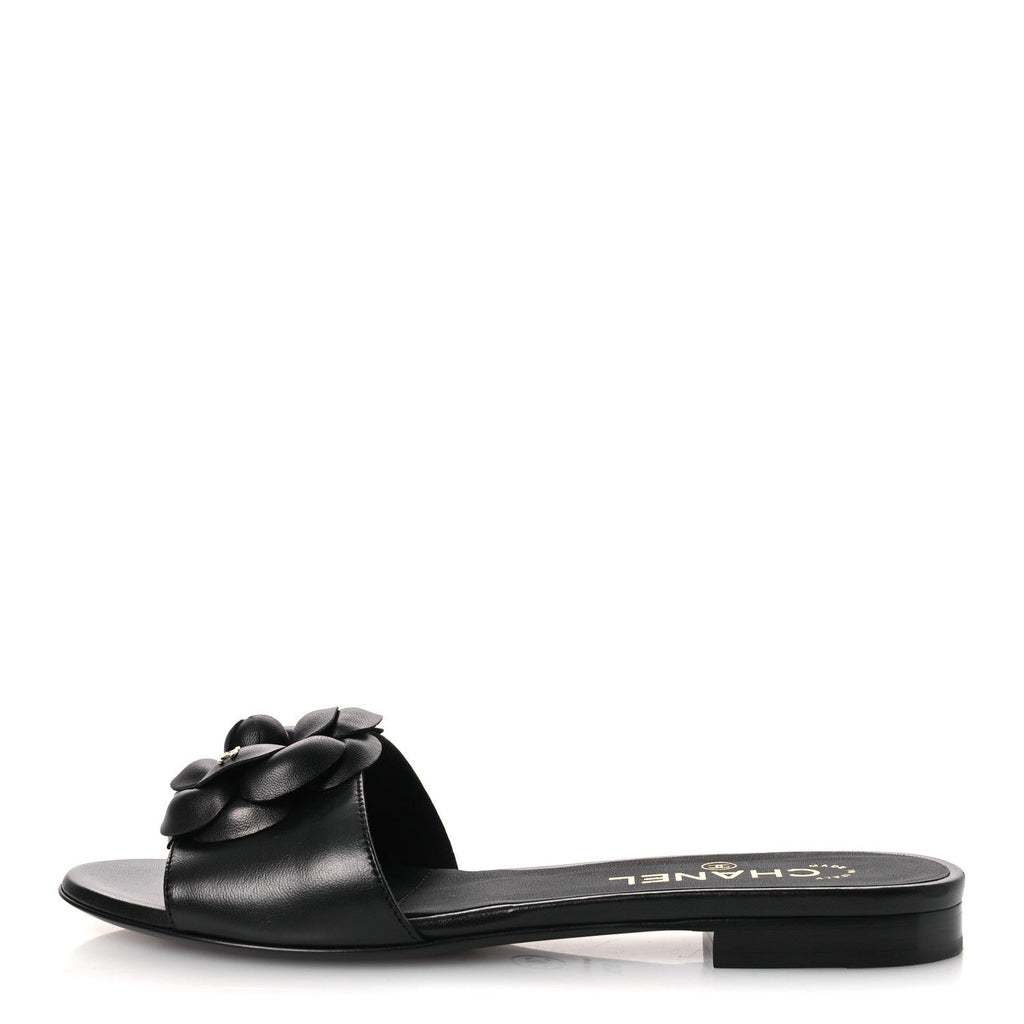 Lambskin Camellia Sandal Mules 37.5 Black
