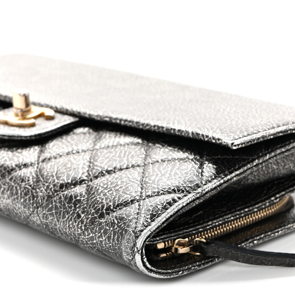 Chanel Cracked Metallic Calfskin Quilted Zip Away Chain Clutch Dark Silver