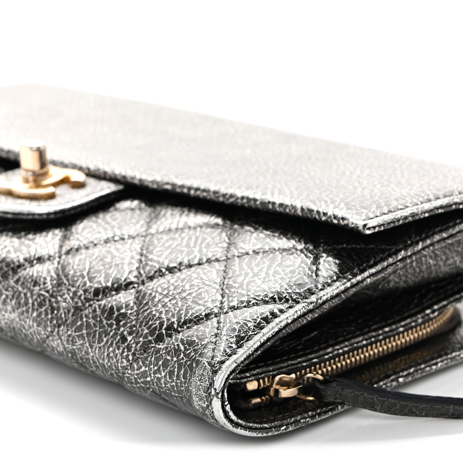 Chanel Cracked Metallic Calfskin Quilted Zip Away Chain Clutch Dark Silver