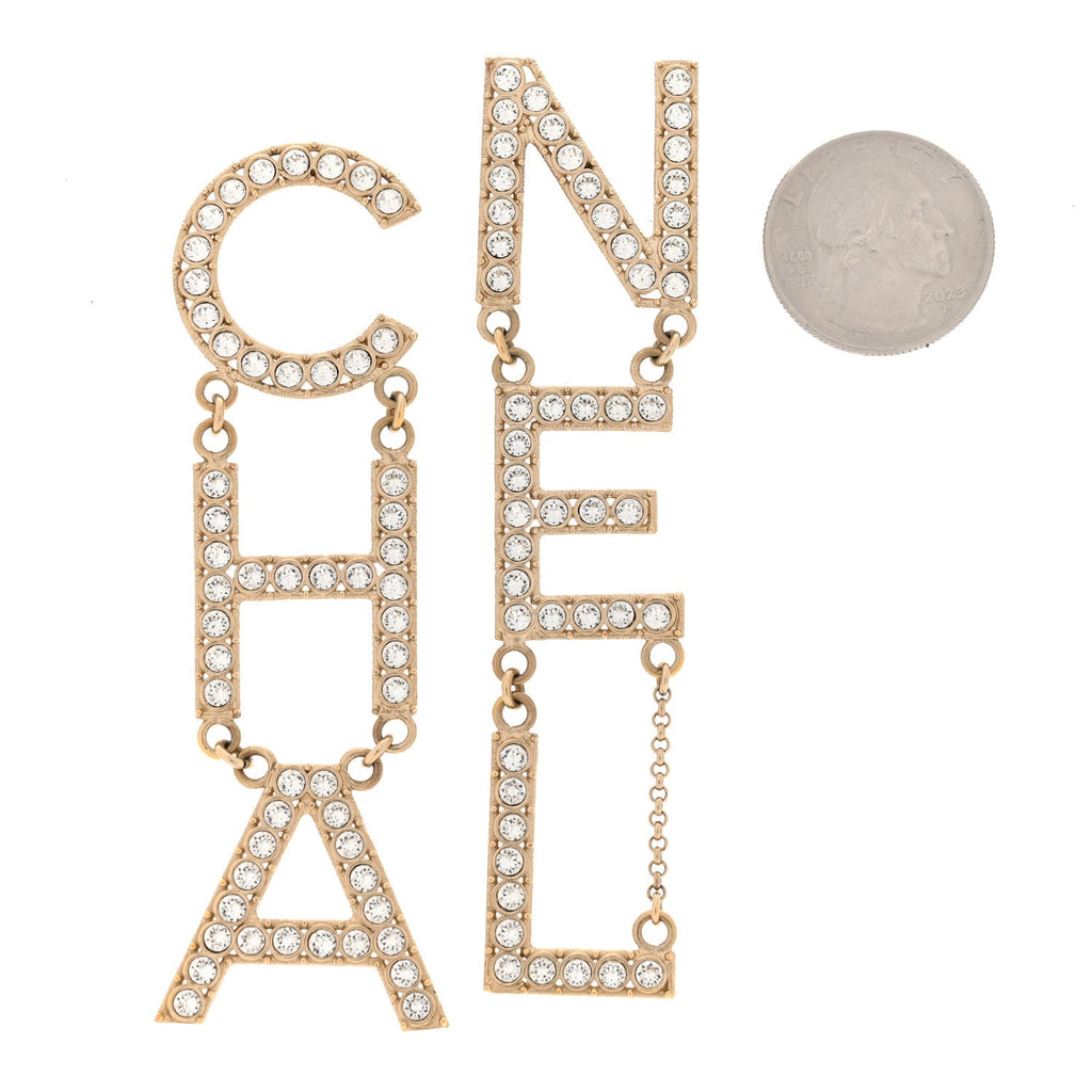 Crystal Cha-Nel Logo Drop Earrings Gold