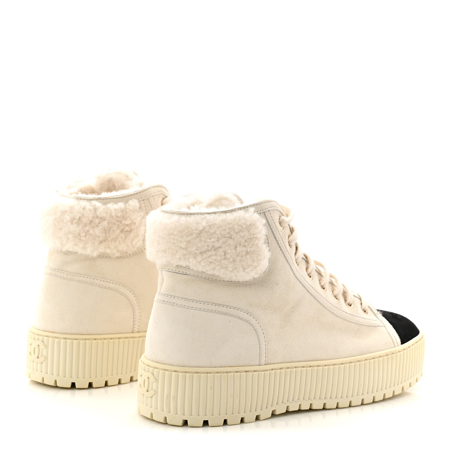 Kid Suede Shearling Sheepskin Lace Up Boots 38 Ivory White Black